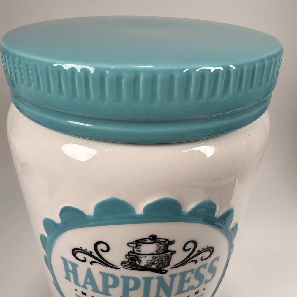 Cracker Barrel Cookie Jar 'Happiness is Homemade' Teal & White 8.5 x5.5" Baking - Picture 6 of 16